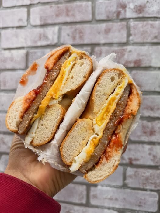 Sausage, egg, and cheese on a fresh bagel